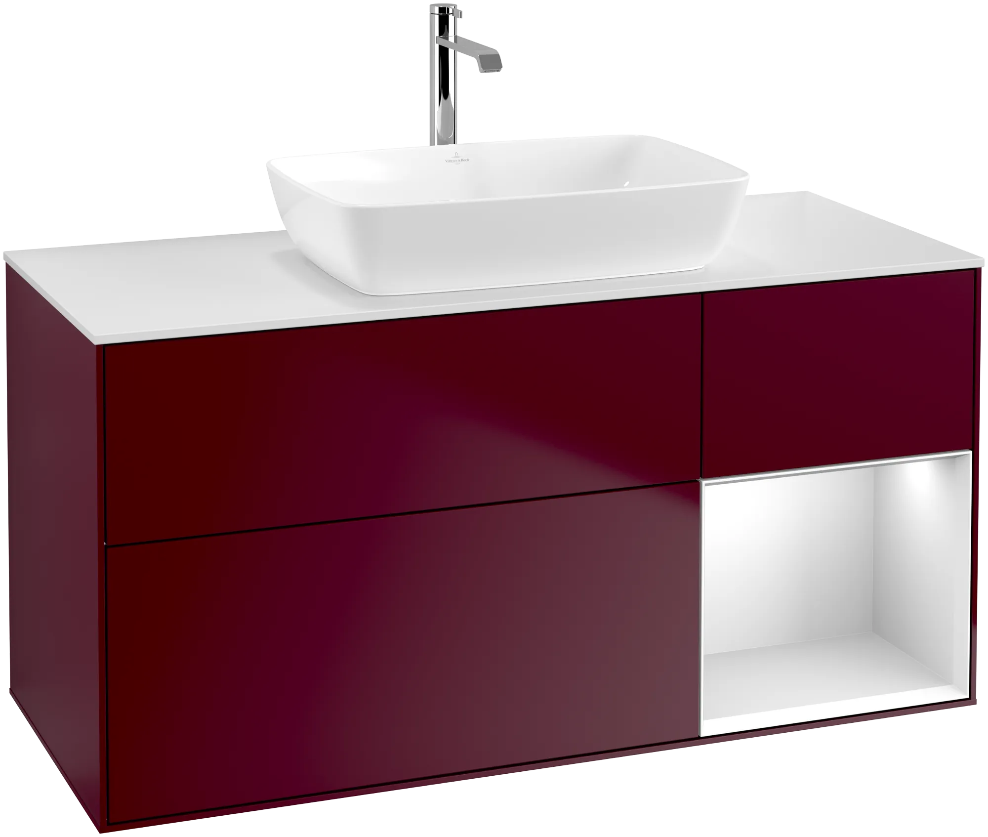 Bild von VILLEROY BOCH Finion Waschbeckenunterschrank, mit Beleuchtung, 3 Auszüge, 1200 x 603 x 501 mm, Peony Matt Lacquer / White Matt Lacquer / Glass White Matt #G831MTHB