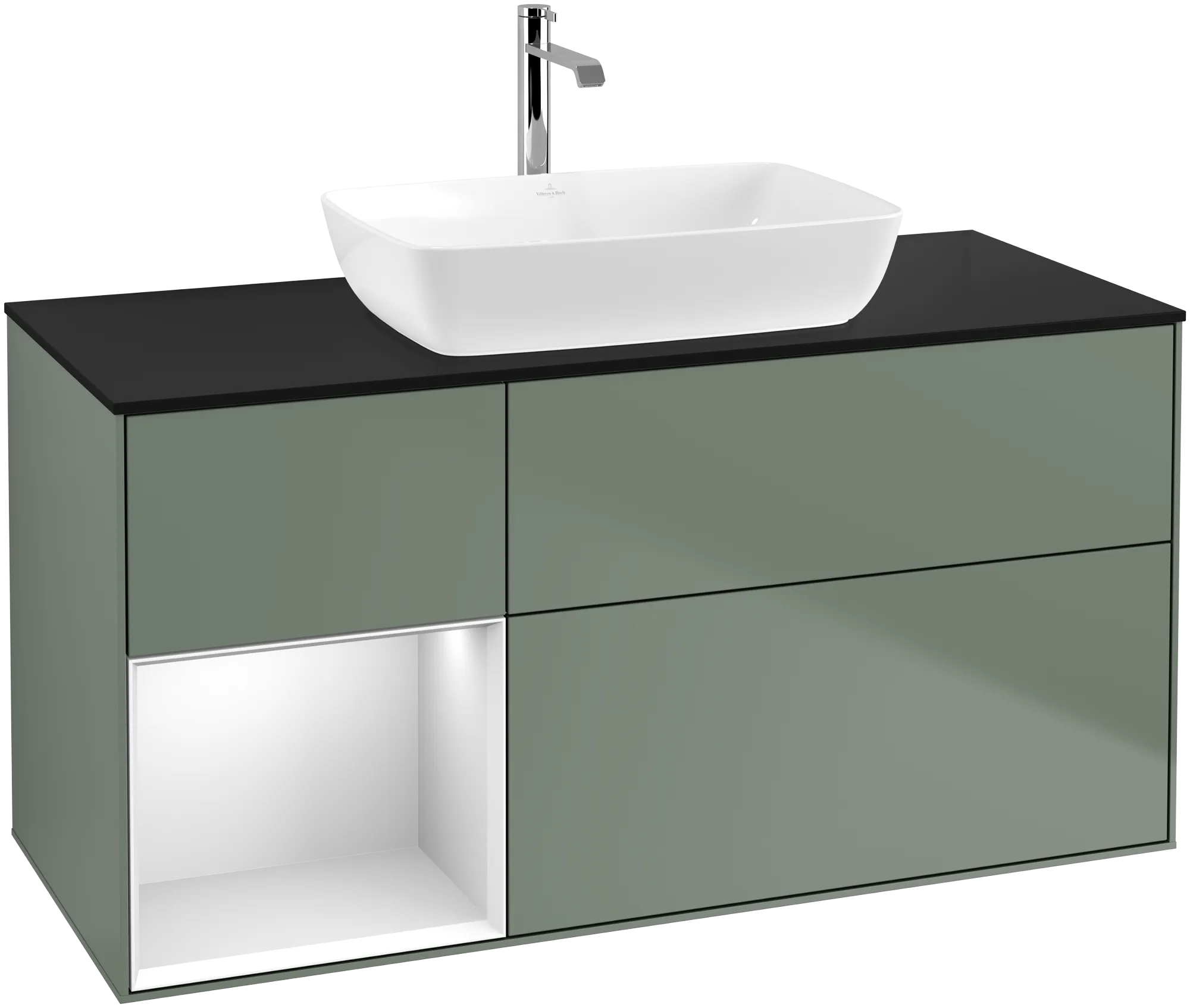 Bild von VILLEROY BOCH Finion Waschbeckenunterschrank, mit Beleuchtung, 3 Auszüge, 1200 x 603 x 501 mm, Olive Matt Lacquer / White Matt Lacquer / Glass Black Matt #G822MTGM
