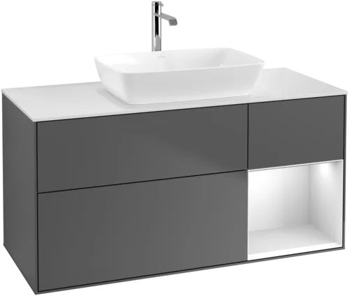 Bild von VILLEROY BOCH Finion Waschbeckenunterschrank, mit Beleuchtung, 3 Auszüge, 1200 x 603 x 501 mm, Anthracite Matt Lacquer / White Matt Lacquer / Glass White Matt #G831MTGK