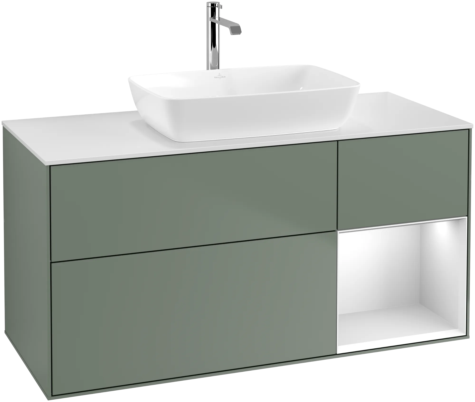 Bild von VILLEROY BOCH Finion Waschbeckenunterschrank, mit Beleuchtung, 3 Auszüge, 1200 x 603 x 501 mm, Olive Matt Lacquer / White Matt Lacquer / Glass White Matt #G831MTGM