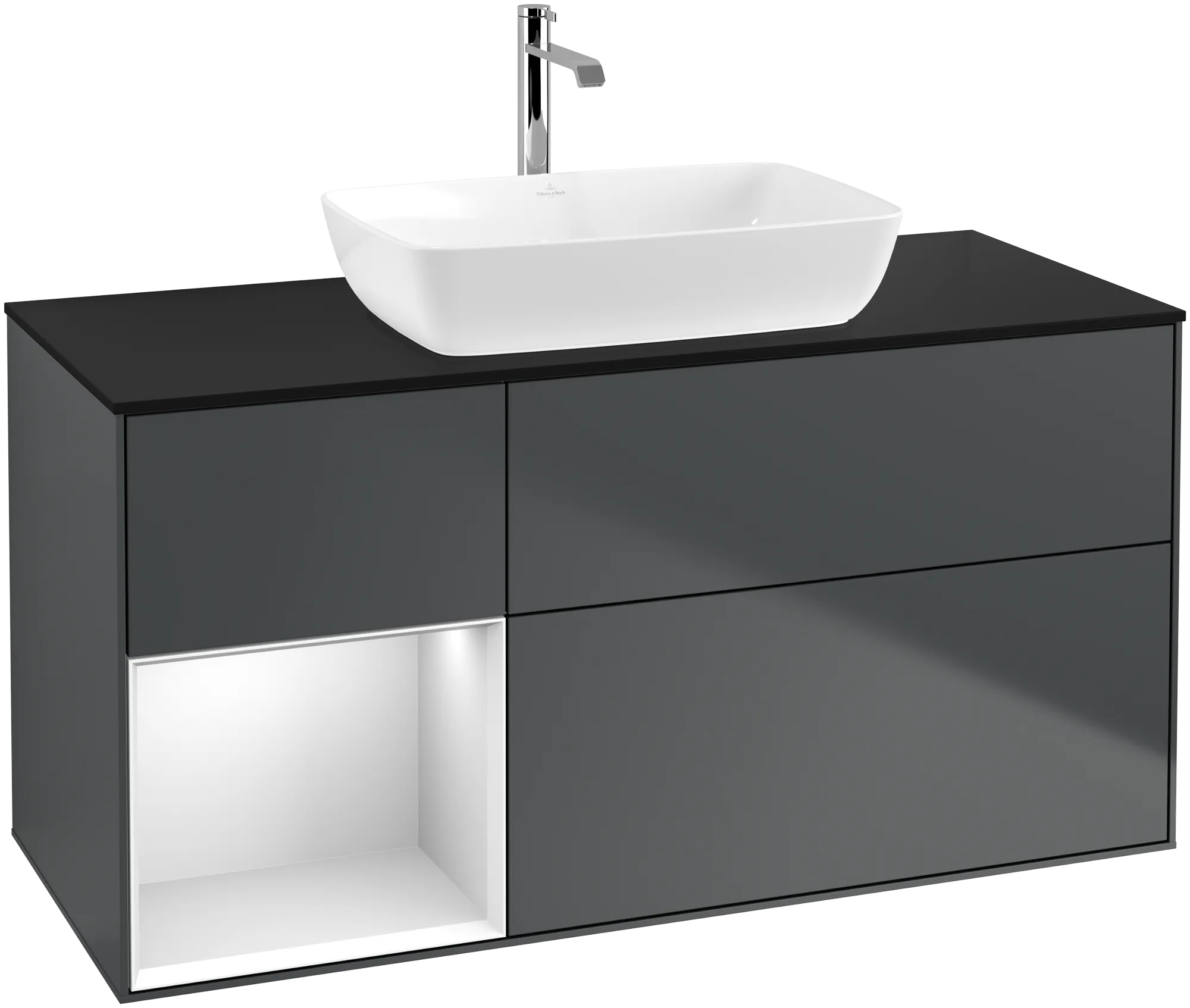 Bild von VILLEROY BOCH Finion Waschbeckenunterschrank, mit Beleuchtung, 3 Auszüge, 1200 x 603 x 501 mm, Midnight Blue Matt Lacquer / White Matt Lacquer / Glass Black Matt #G822MTHG