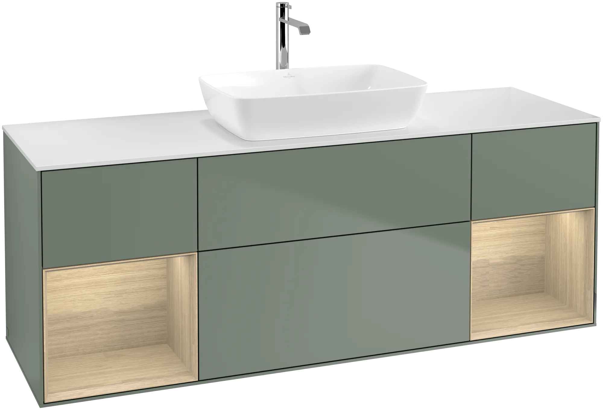 Obrázek VILLEROY BOCH Finion Vanity unit, with lighting, 4 pull-out compartments, 1600 x 603 x 501 mm, Olive Matt Lacquer / Oak Veneer / Glass White Matt #G861PCGM