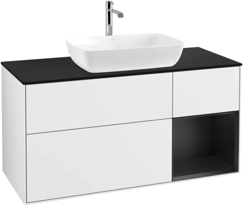 Bild von VILLEROY BOCH Finion Waschbeckenunterschrank, mit Beleuchtung, 3 Auszüge, 1200 x 603 x 501 mm, Glossy White Lacquer / Black Matt Lacquer / Glass Black Matt #G832PDGF