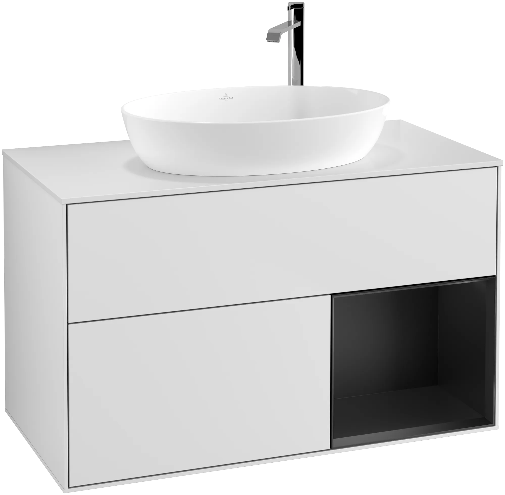 Bild von VILLEROY BOCH Finion Waschbeckenunterschrank, mit Beleuchtung, 2 Auszüge, 1000 x 603 x 501 mm, White Matt Lacquer / Black Matt Lacquer / Glass White Matt #G901PDMT
