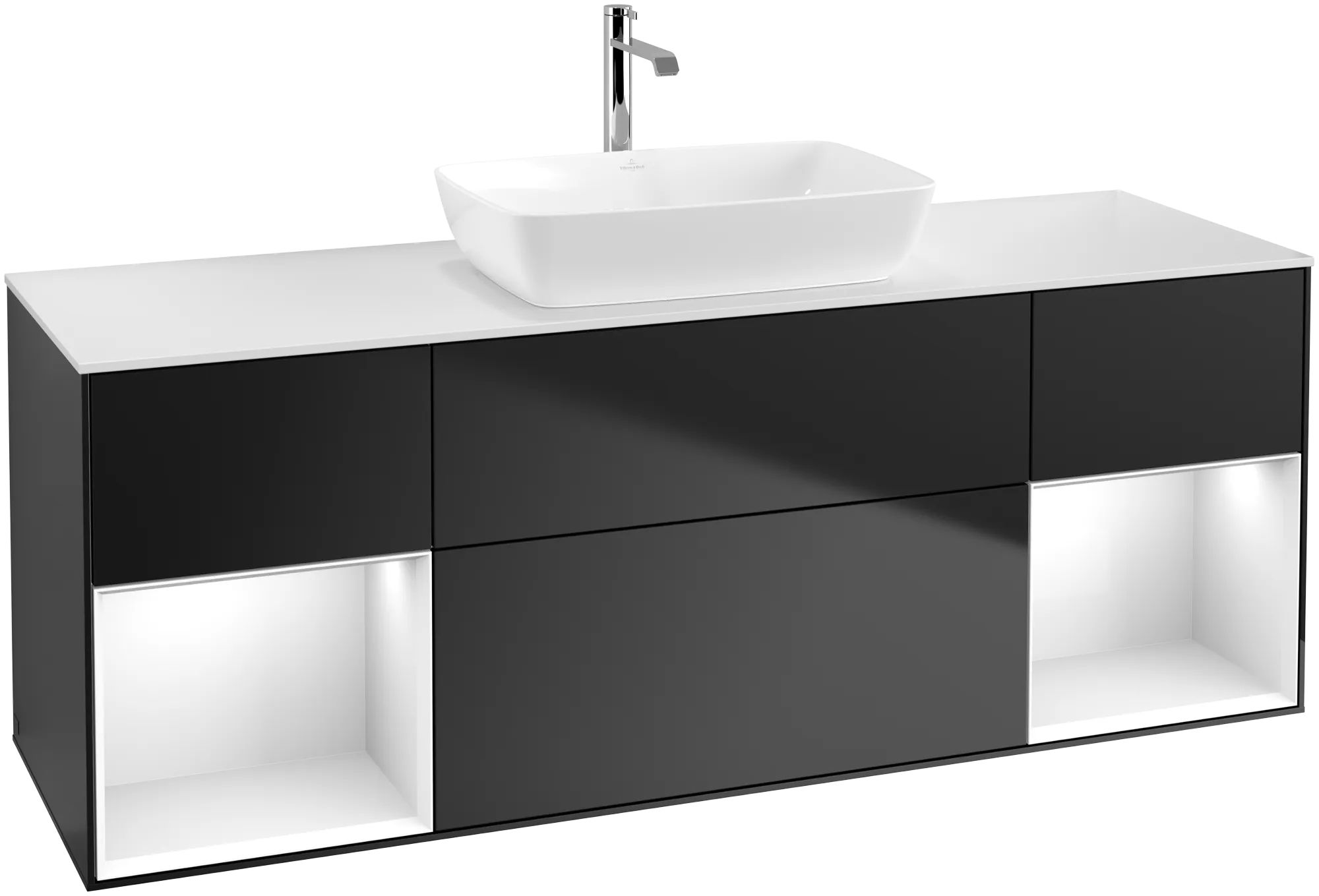Bild von VILLEROY BOCH Finion Waschbeckenunterschrank, mit Beleuchtung, 4 Auszüge, 1600 x 603 x 501 mm, Black Matt Lacquer / Glossy White Lacquer / Glass White Matt #G861GFPD