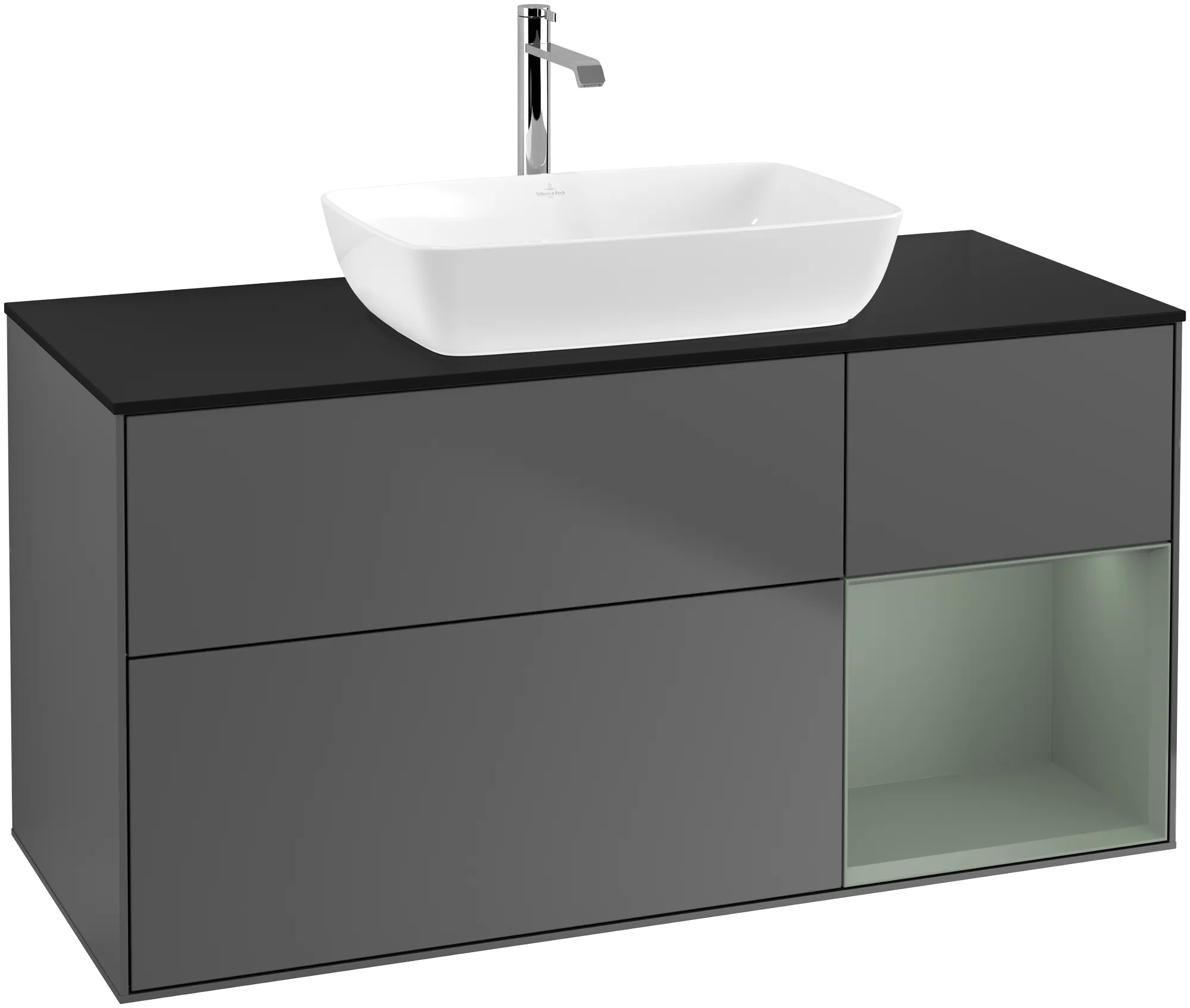 Bild von VILLEROY BOCH Finion Waschbeckenunterschrank, mit Beleuchtung, 3 Auszüge, 1200 x 603 x 501 mm, Anthracite Matt Lacquer / Olive Matt Lacquer / Glass Black Matt #G832GMGK