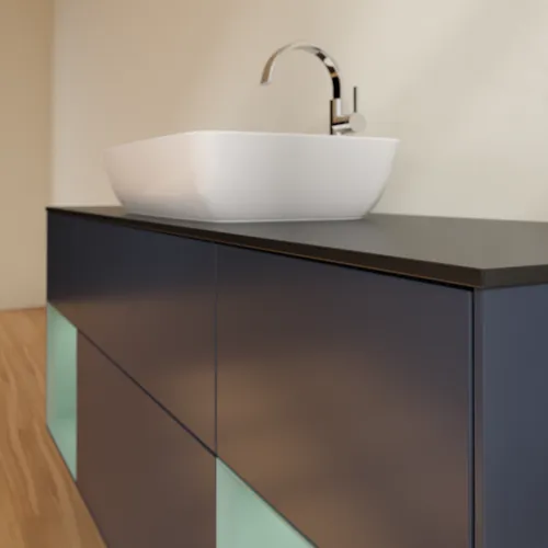 Picture of VILLEROY BOCH Finion Vanity unit, with lighting, 4 pull-out compartments, 1600 x 603 x 501 mm, Midnight Blue Matt Lacquer / Olive Matt Lacquer / Glass Black Matt #G862GMHG