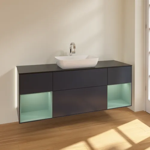 Picture of VILLEROY BOCH Finion Vanity unit, with lighting, 4 pull-out compartments, 1600 x 603 x 501 mm, Midnight Blue Matt Lacquer / Olive Matt Lacquer / Glass Black Matt #G862GMHG