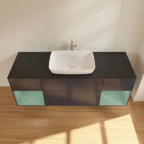 Picture of VILLEROY BOCH Finion Vanity unit, with lighting, 4 pull-out compartments, 1600 x 603 x 501 mm, Midnight Blue Matt Lacquer / Olive Matt Lacquer / Glass Black Matt #G862GMHG