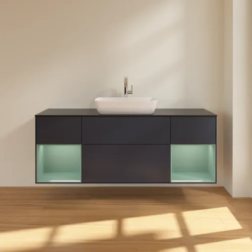 Picture of VILLEROY BOCH Finion Vanity unit, with lighting, 4 pull-out compartments, 1600 x 603 x 501 mm, Midnight Blue Matt Lacquer / Olive Matt Lacquer / Glass Black Matt #G862GMHG