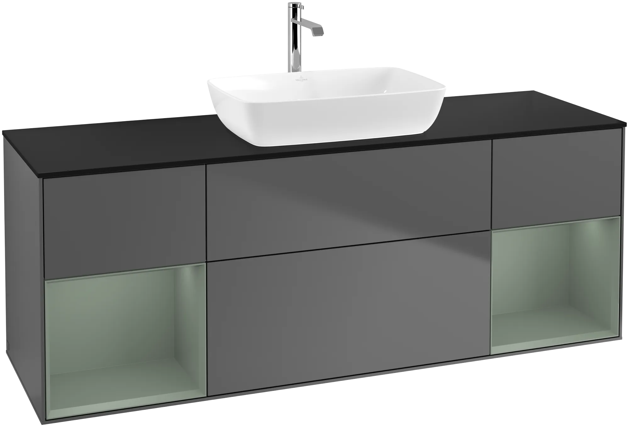 Bild von VILLEROY BOCH Finion Waschbeckenunterschrank, mit Beleuchtung, 4 Auszüge, 1600 x 603 x 501 mm, Anthracite Matt Lacquer / Olive Matt Lacquer / Glass Black Matt #G862GMGK