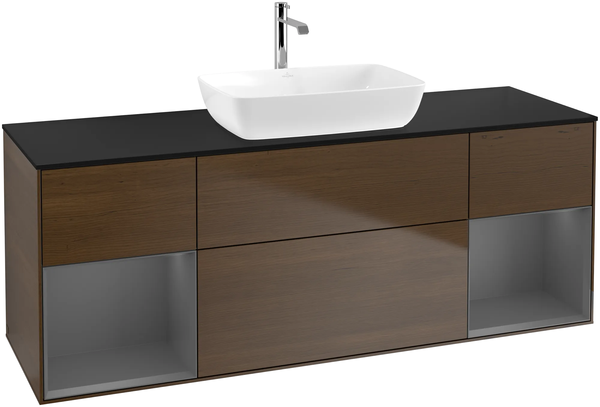 Bild von VILLEROY BOCH Finion Waschbeckenunterschrank, mit Beleuchtung, 4 Auszüge, 1600 x 603 x 501 mm, Walnut Veneer / Anthracite Matt Lacquer / Glass Black Matt #G862GKGN