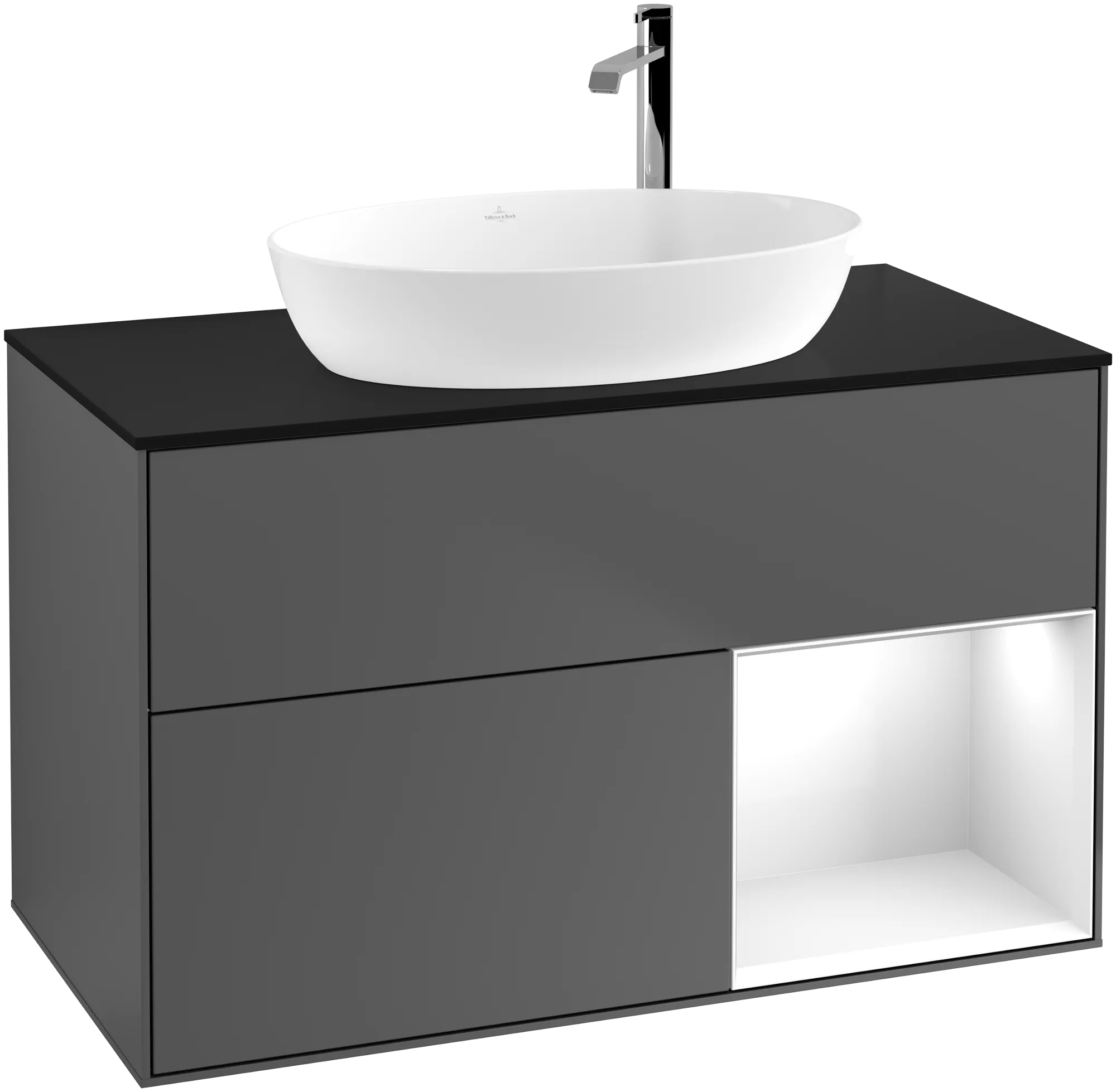 Bild von VILLEROY BOCH Finion Waschbeckenunterschrank, mit Beleuchtung, 2 Auszüge, 1000 x 603 x 501 mm, Anthracite Matt Lacquer / Glossy White Lacquer / Glass Black Matt #G902GFGK