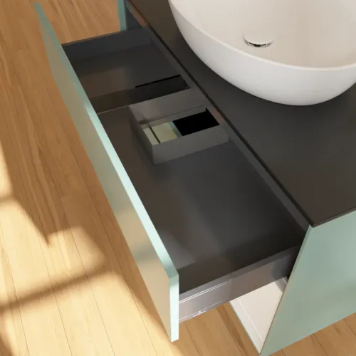 Bild von VILLEROY BOCH Finion Waschbeckenunterschrank, mit Beleuchtung, 2 Auszüge, 1000 x 603 x 501 mm, Olive Matt Lacquer / Glossy White Lacquer / Glass Black Matt #G902GFGM