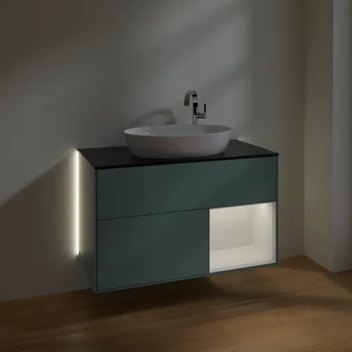 Bild von VILLEROY BOCH Finion Waschbeckenunterschrank, mit Beleuchtung, 2 Auszüge, 1000 x 603 x 501 mm, Olive Matt Lacquer / Glossy White Lacquer / Glass Black Matt #G902GFGM