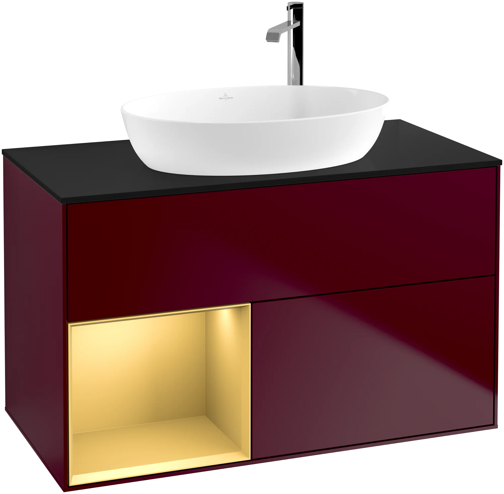 Bild von VILLEROY BOCH Finion Waschbeckenunterschrank, mit Beleuchtung, 2 Auszüge, 1000 x 603 x 501 mm, Peony Matt Lacquer / Gold Matt Lacquer / Glass Black Matt #G892HFHB