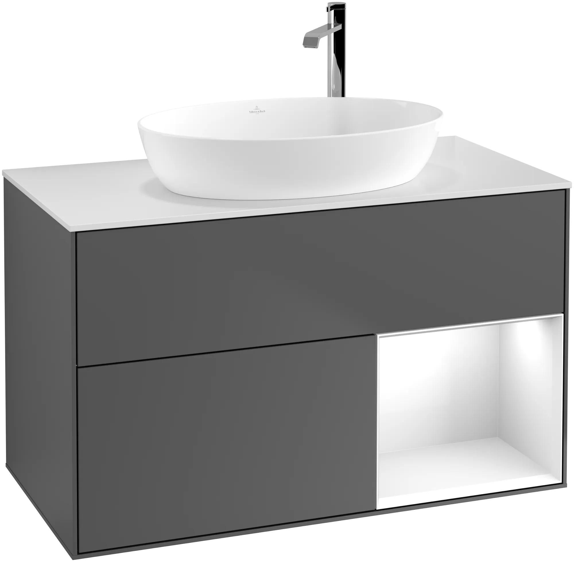 Bild von VILLEROY BOCH Finion Waschbeckenunterschrank, mit Beleuchtung, 2 Auszüge, 1000 x 603 x 501 mm, Anthracite Matt Lacquer / Glossy White Lacquer / Glass White Matt #G901GFGK