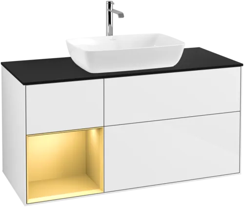 Bild von VILLEROY BOCH Finion Waschbeckenunterschrank, mit Beleuchtung, 3 Auszüge, 1200 x 603 x 501 mm, Glossy White Lacquer / Gold Matt Lacquer / Glass Black Matt #G822HFGF