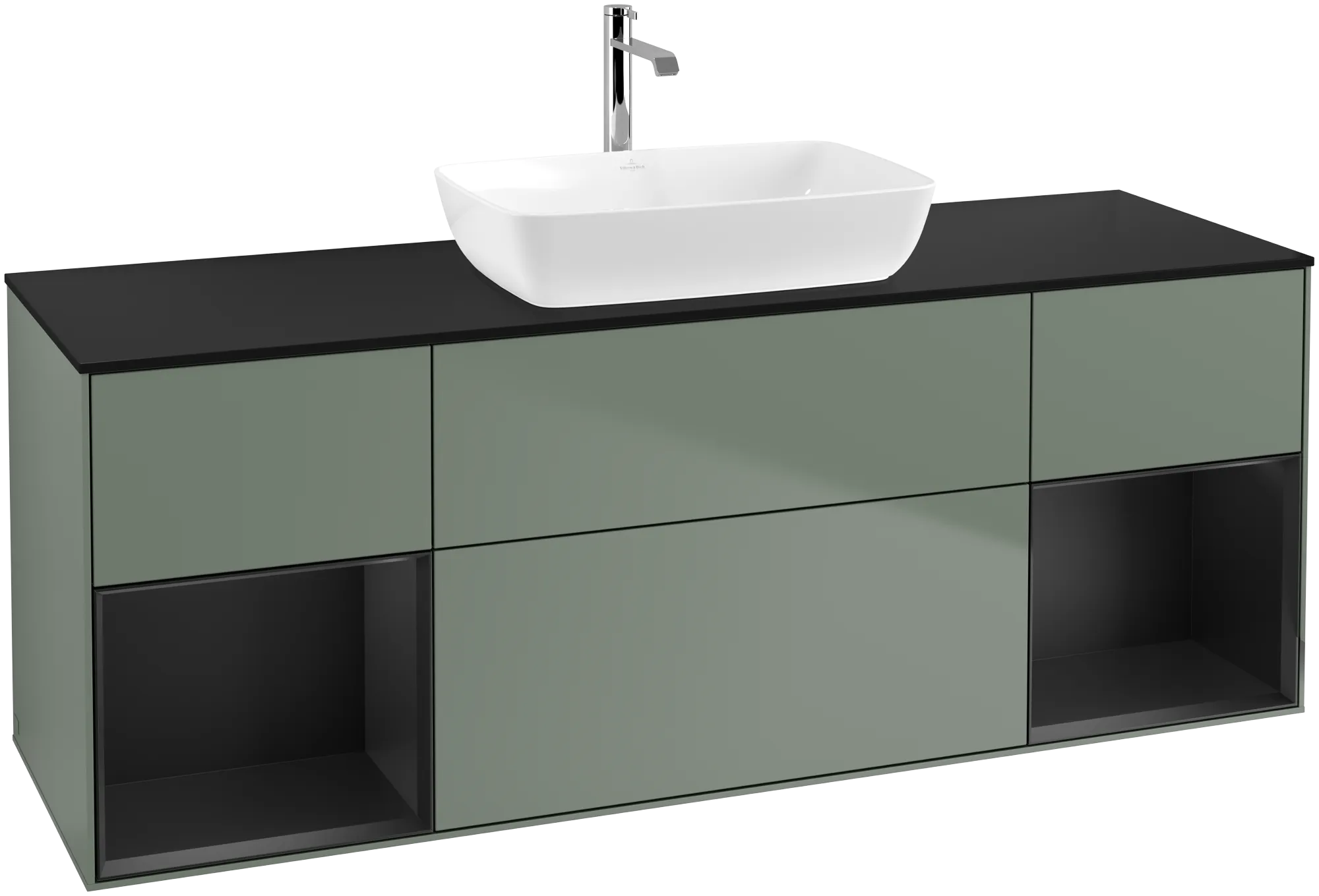 Bild von VILLEROY BOCH Finion Waschbeckenunterschrank, mit Beleuchtung, 4 Auszüge, 1600 x 603 x 501 mm, Olive Matt Lacquer / Black Matt Lacquer / Glass Black Matt #G862PDGM