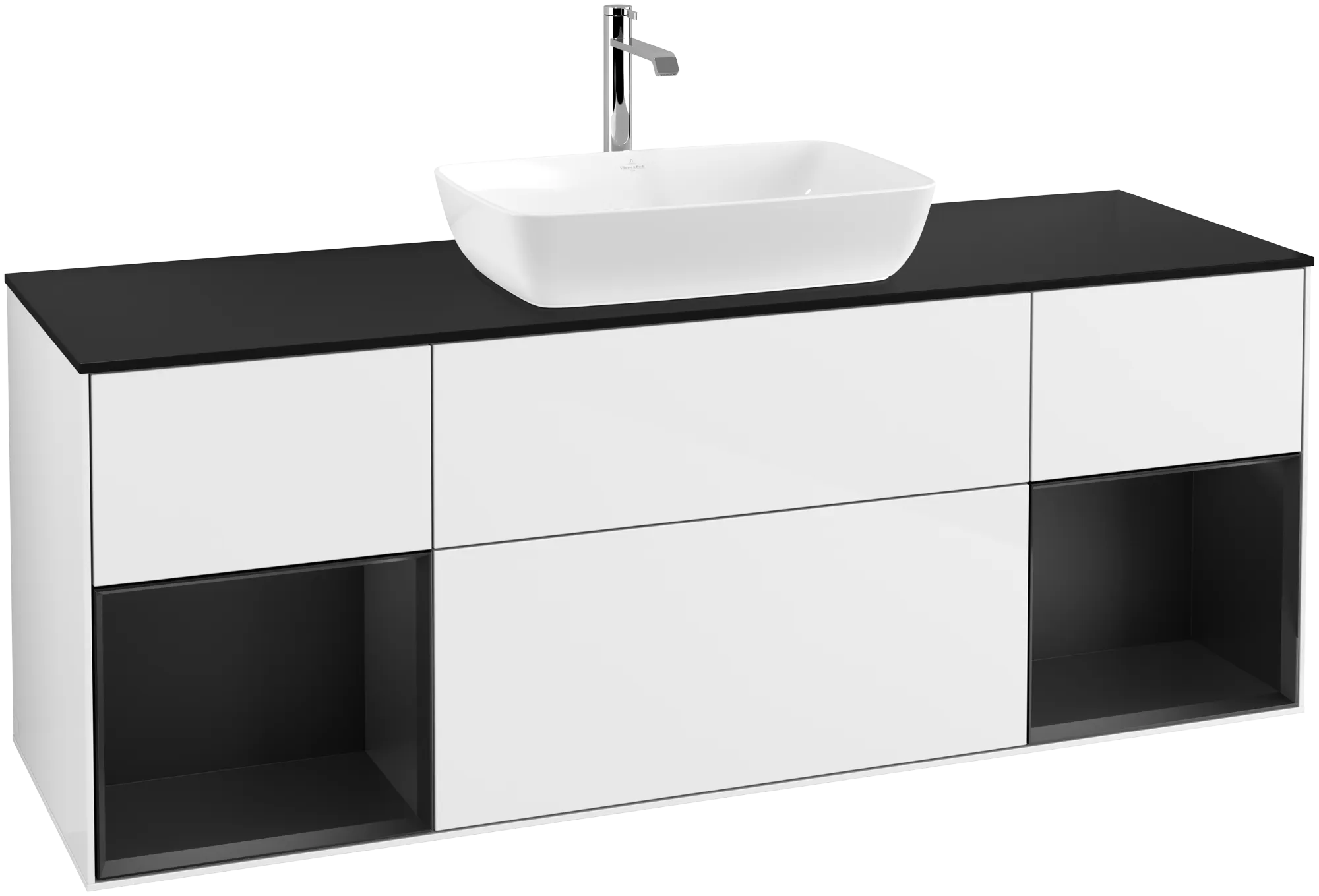Bild von VILLEROY BOCH Finion Waschbeckenunterschrank, mit Beleuchtung, 4 Auszüge, 1600 x 603 x 501 mm, Glossy White Lacquer / Black Matt Lacquer / Glass Black Matt #G862PDGF
