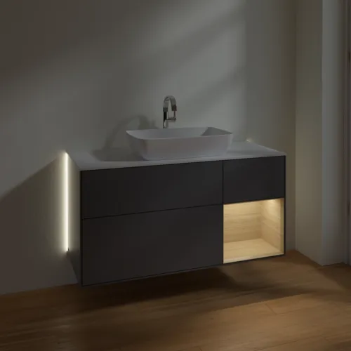 Bild von VILLEROY BOCH Finion Waschbeckenunterschrank, mit Beleuchtung, 3 Auszüge, 1200 x 603 x 501 mm, Anthracite Matt Lacquer / Oak Veneer / Glass White Matt #G831PCGK