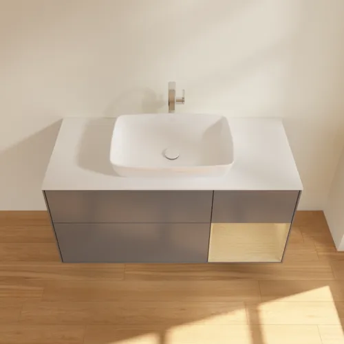 Bild von VILLEROY BOCH Finion Waschbeckenunterschrank, mit Beleuchtung, 3 Auszüge, 1200 x 603 x 501 mm, Anthracite Matt Lacquer / Oak Veneer / Glass White Matt #G831PCGK