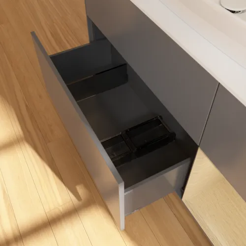 Bild von VILLEROY BOCH Finion Waschbeckenunterschrank, mit Beleuchtung, 3 Auszüge, 1200 x 603 x 501 mm, Anthracite Matt Lacquer / Oak Veneer / Glass White Matt #G831PCGK