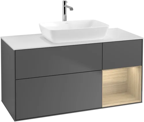Bild von VILLEROY BOCH Finion Waschbeckenunterschrank, mit Beleuchtung, 3 Auszüge, 1200 x 603 x 501 mm, Anthracite Matt Lacquer / Oak Veneer / Glass White Matt #G831PCGK