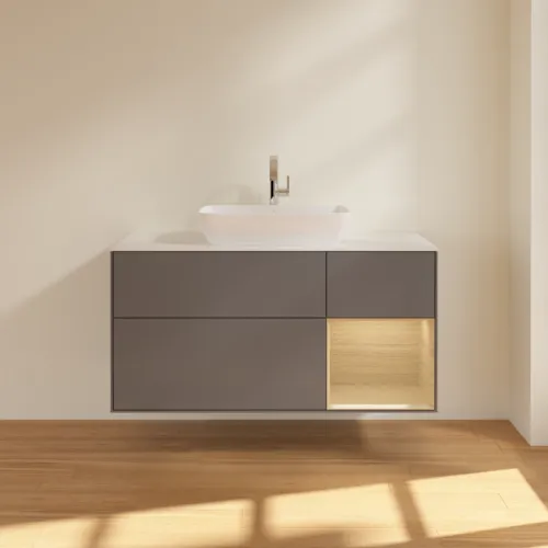 Bild von VILLEROY BOCH Finion Waschbeckenunterschrank, mit Beleuchtung, 3 Auszüge, 1200 x 603 x 501 mm, Anthracite Matt Lacquer / Oak Veneer / Glass White Matt #G831PCGK