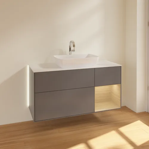 Bild von VILLEROY BOCH Finion Waschbeckenunterschrank, mit Beleuchtung, 3 Auszüge, 1200 x 603 x 501 mm, Anthracite Matt Lacquer / Oak Veneer / Glass White Matt #G831PCGK