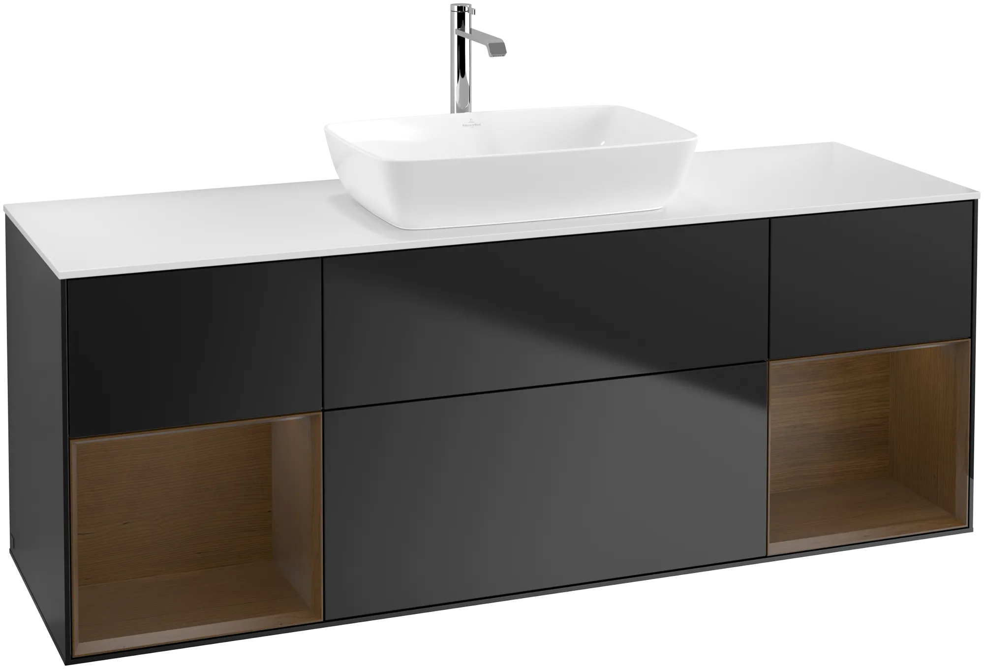 Bild von VILLEROY BOCH Finion Waschbeckenunterschrank, mit Beleuchtung, 4 Auszüge, 1600 x 603 x 501 mm, Black Matt Lacquer / Walnut Veneer / Glass White Matt #G861GNPD
