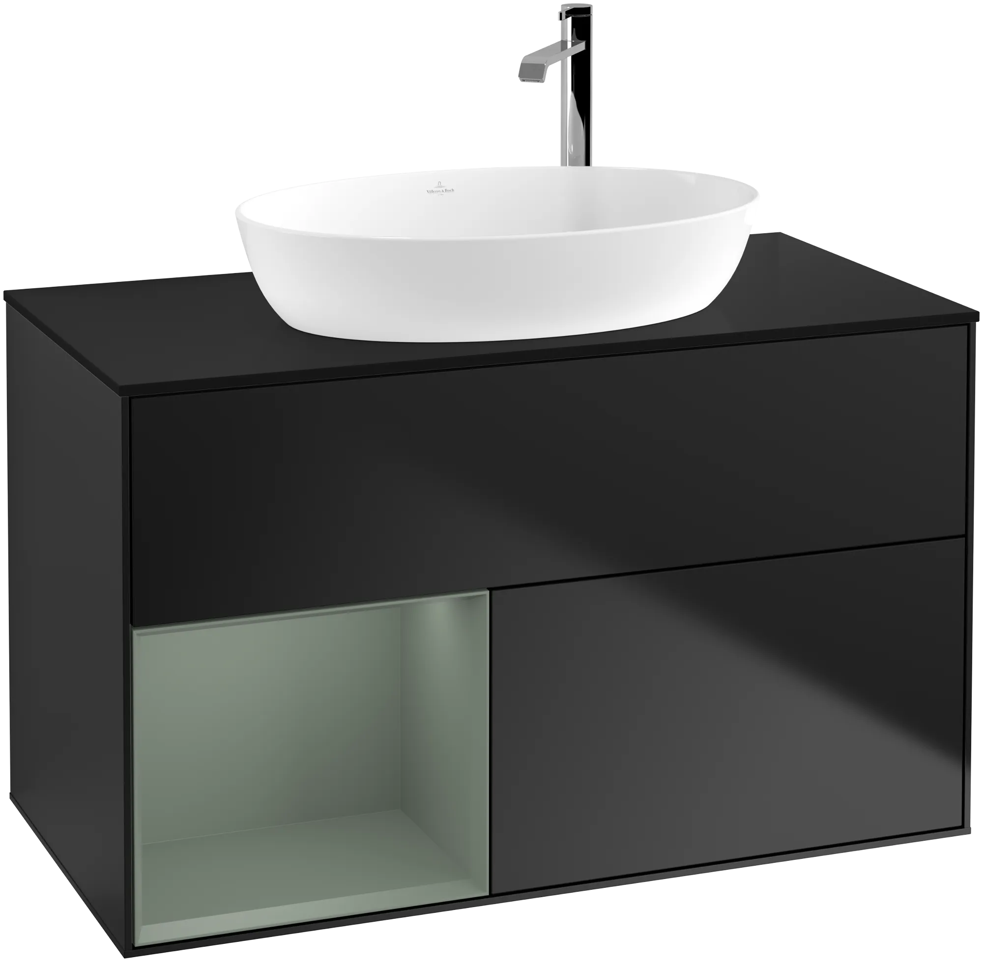 Bild von VILLEROY BOCH Finion Waschbeckenunterschrank, mit Beleuchtung, 2 Auszüge, 1000 x 603 x 501 mm, Black Matt Lacquer / Olive Matt Lacquer / Glass Black Matt #G892GMPD