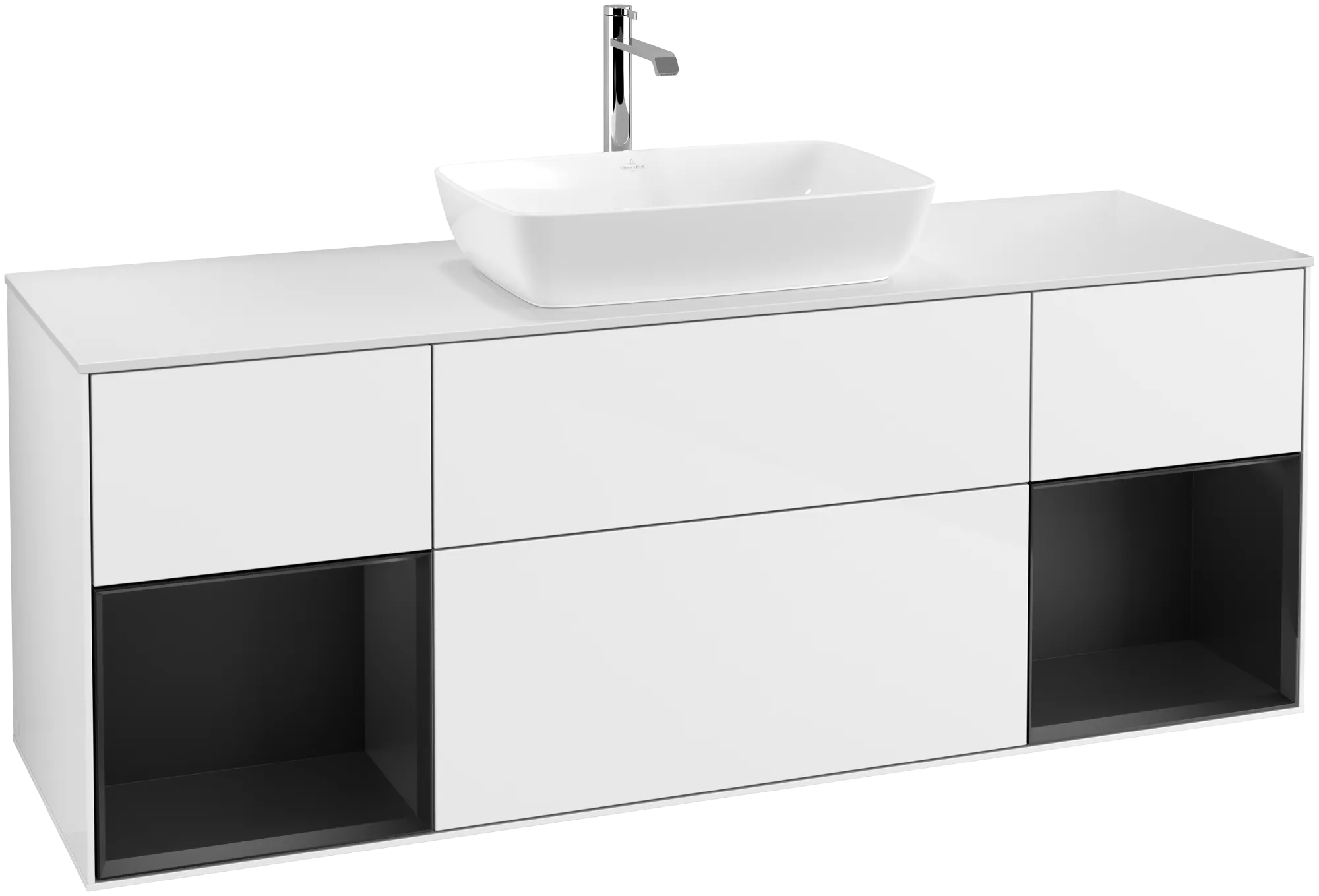 Bild von VILLEROY BOCH Finion Waschbeckenunterschrank, mit Beleuchtung, 4 Auszüge, 1600 x 603 x 501 mm, Glossy White Lacquer / Black Matt Lacquer / Glass White Matt #G861PDGF