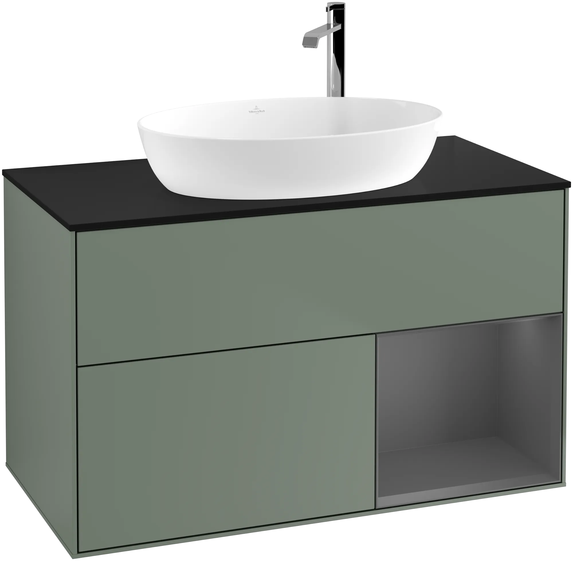 Bild von VILLEROY BOCH Finion Waschbeckenunterschrank, mit Beleuchtung, 2 Auszüge, 1000 x 603 x 501 mm, Olive Matt Lacquer / Anthracite Matt Lacquer / Glass Black Matt #G902GKGM