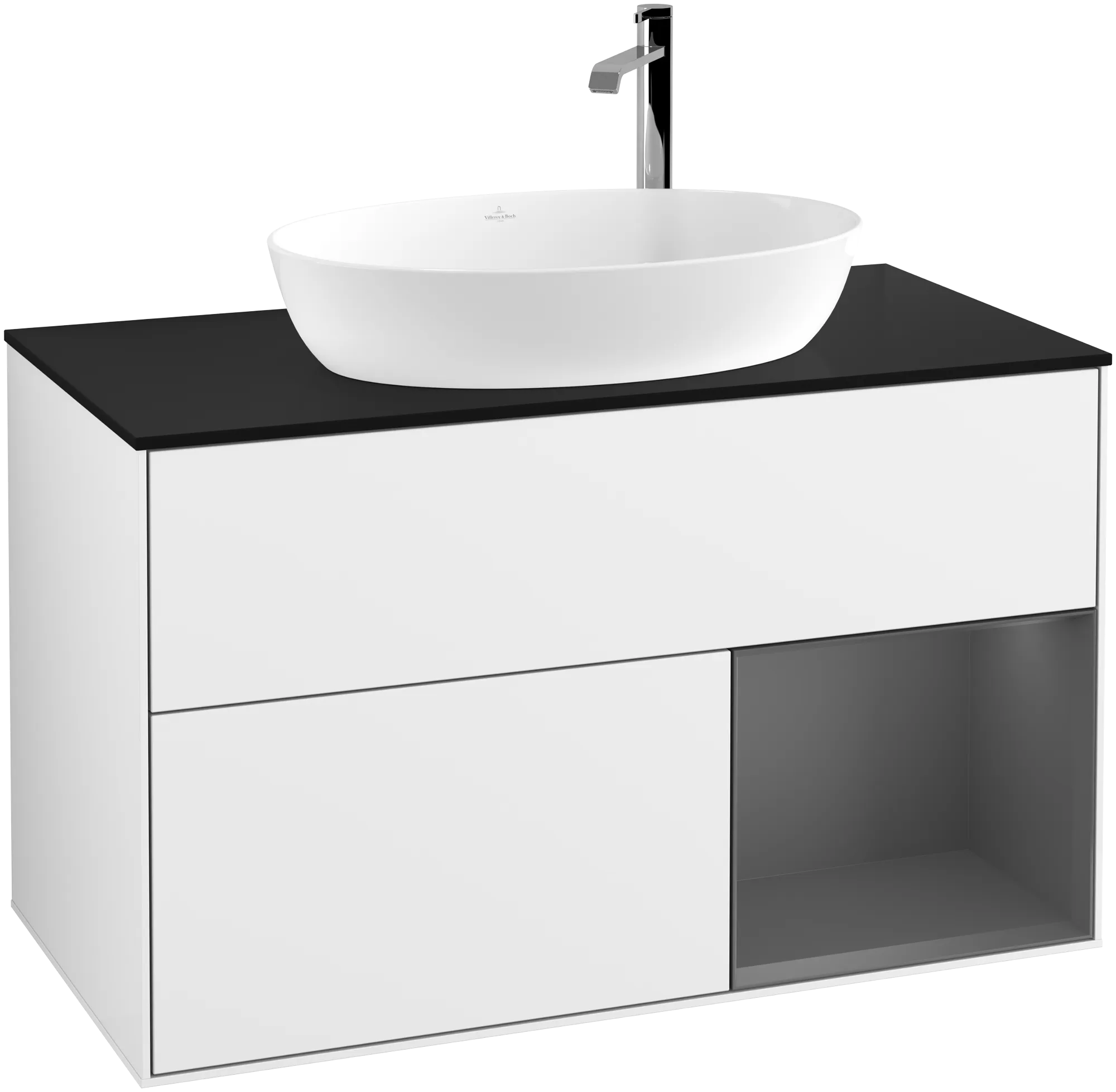 Bild von VILLEROY BOCH Finion Waschbeckenunterschrank, mit Beleuchtung, 2 Auszüge, 1000 x 603 x 501 mm, Glossy White Lacquer / Anthracite Matt Lacquer / Glass Black Matt #G902GKGF
