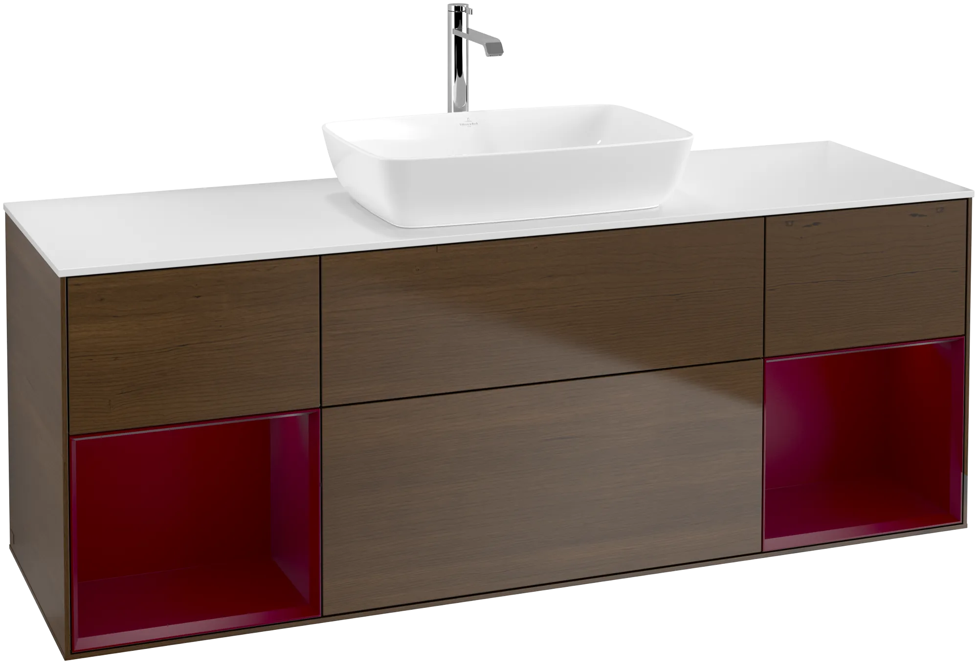 Bild von VILLEROY BOCH Finion Waschbeckenunterschrank, mit Beleuchtung, 4 Auszüge, 1600 x 603 x 501 mm, Walnut Veneer / Peony Matt Lacquer / Glass White Matt #G861HBGN