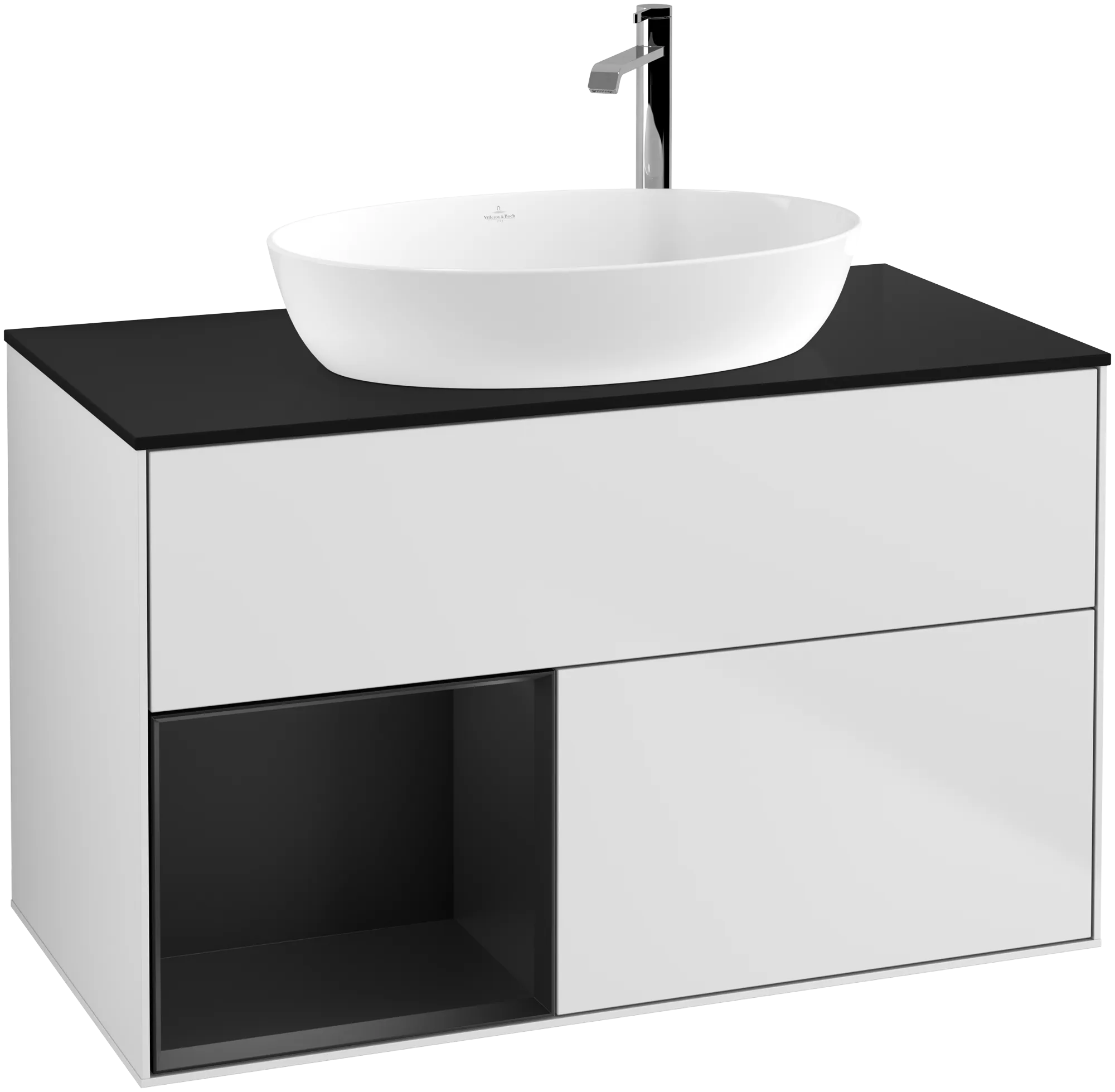 Bild von VILLEROY BOCH Finion Waschbeckenunterschrank, mit Beleuchtung, 2 Auszüge, 1000 x 603 x 501 mm, White Matt Lacquer / Black Matt Lacquer / Glass Black Matt #G892PDMT