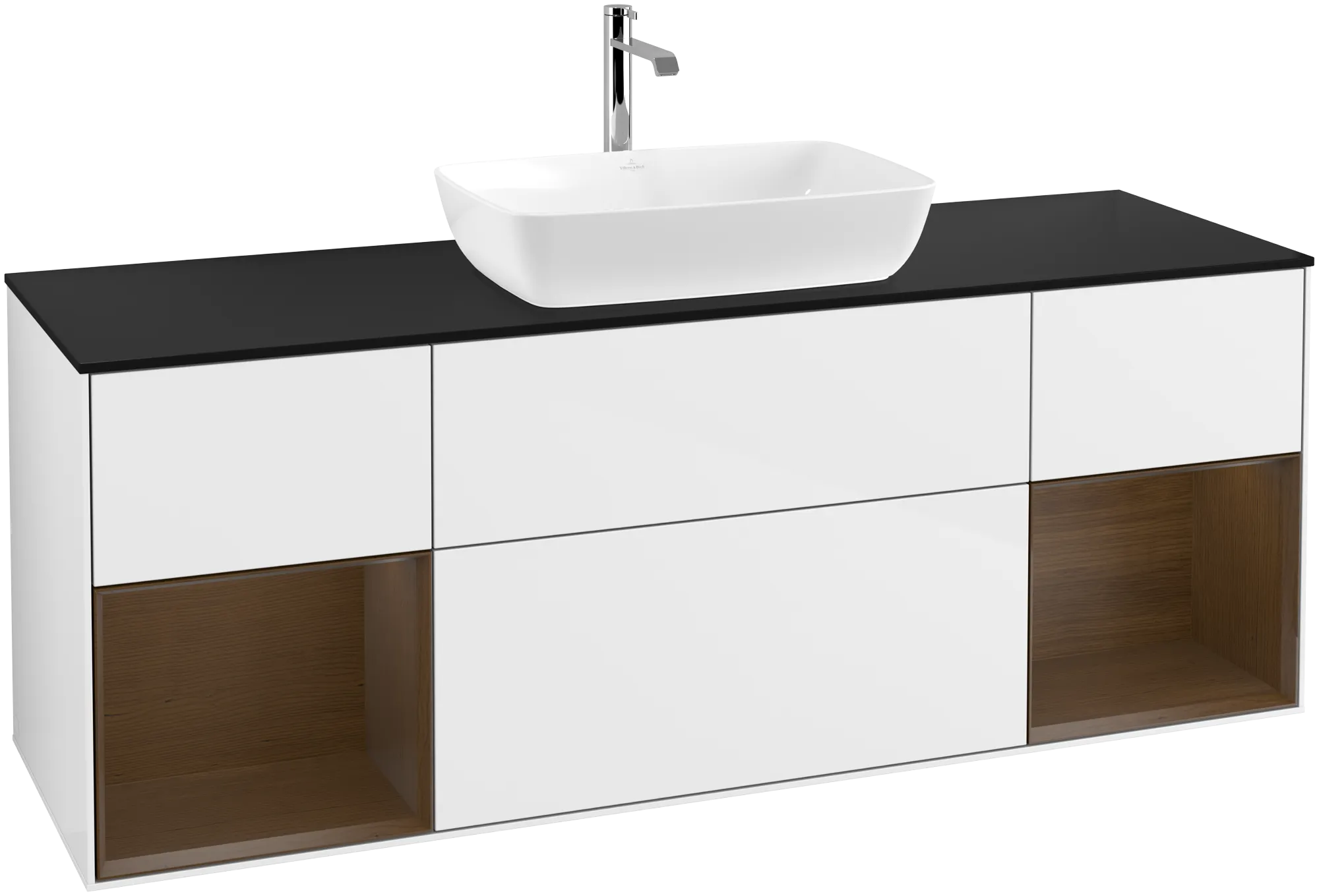 Bild von VILLEROY BOCH Finion Waschbeckenunterschrank, mit Beleuchtung, 4 Auszüge, 1600 x 603 x 501 mm, Glossy White Lacquer / Walnut Veneer / Glass Black Matt #G862GNGF