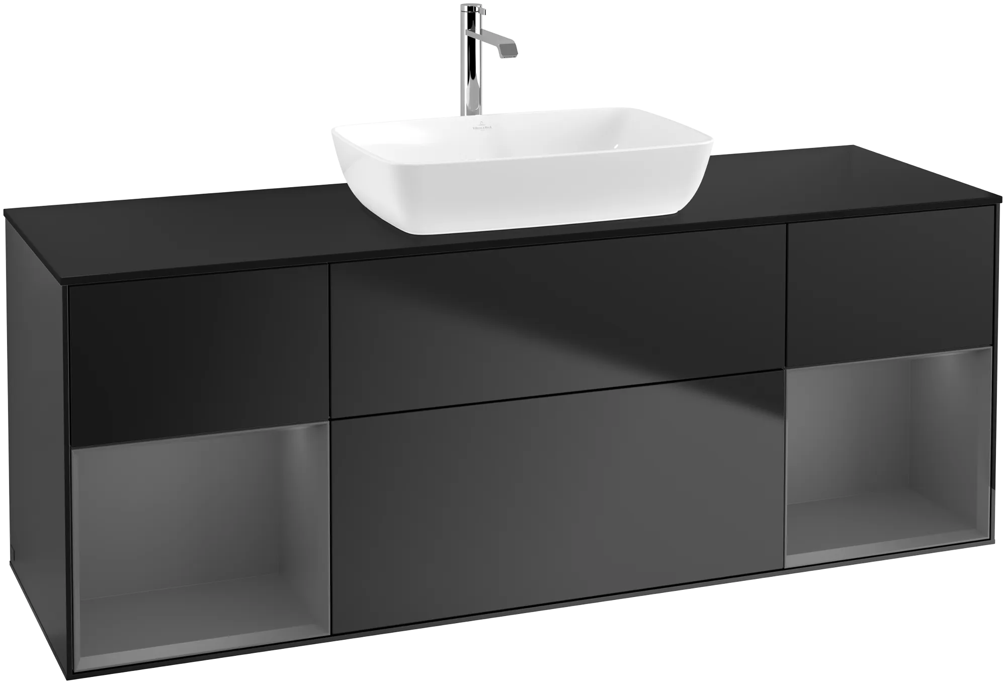 Bild von VILLEROY BOCH Finion Waschbeckenunterschrank, mit Beleuchtung, 4 Auszüge, 1600 x 603 x 501 mm, Black Matt Lacquer / Anthracite Matt Lacquer / Glass Black Matt #G862GKPD