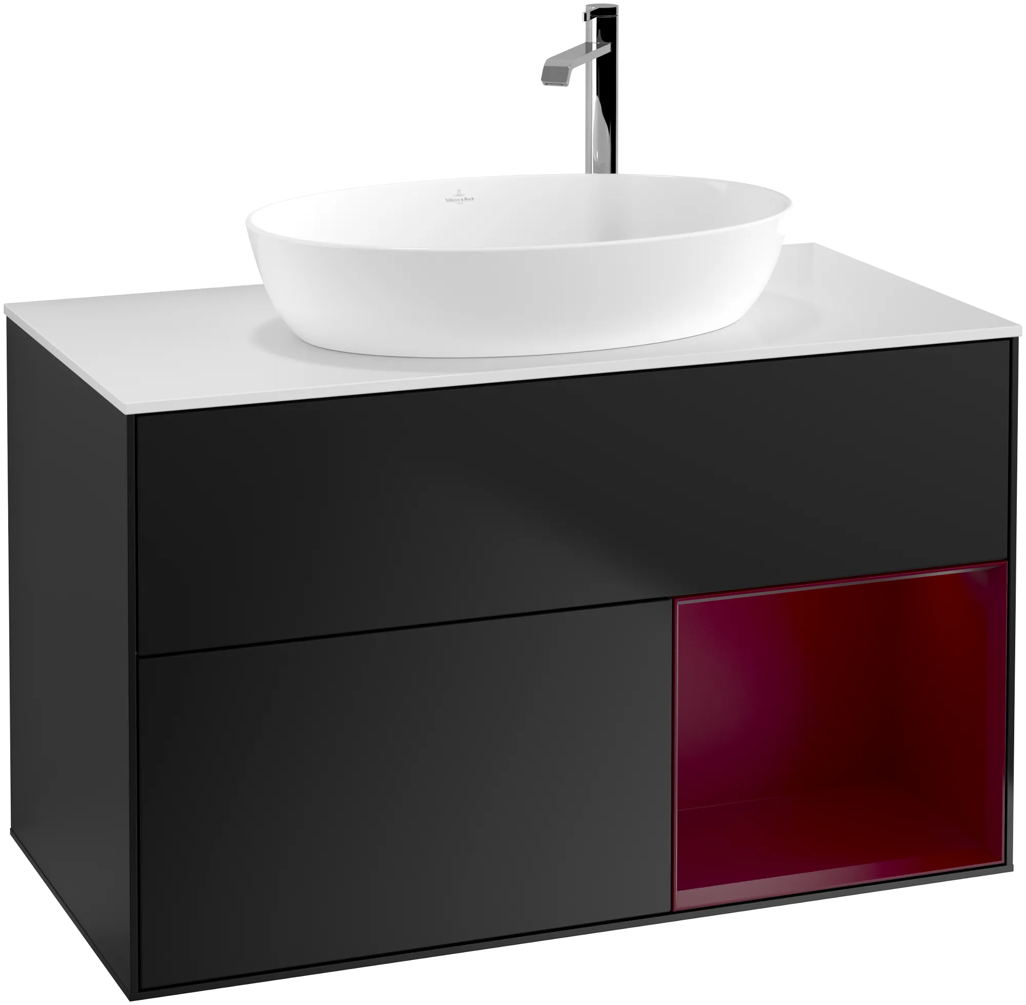 Bild von VILLEROY BOCH Finion Waschbeckenunterschrank, mit Beleuchtung, 2 Auszüge, 1000 x 603 x 501 mm, Black Matt Lacquer / Peony Matt Lacquer / Glass White Matt #G901HBPD