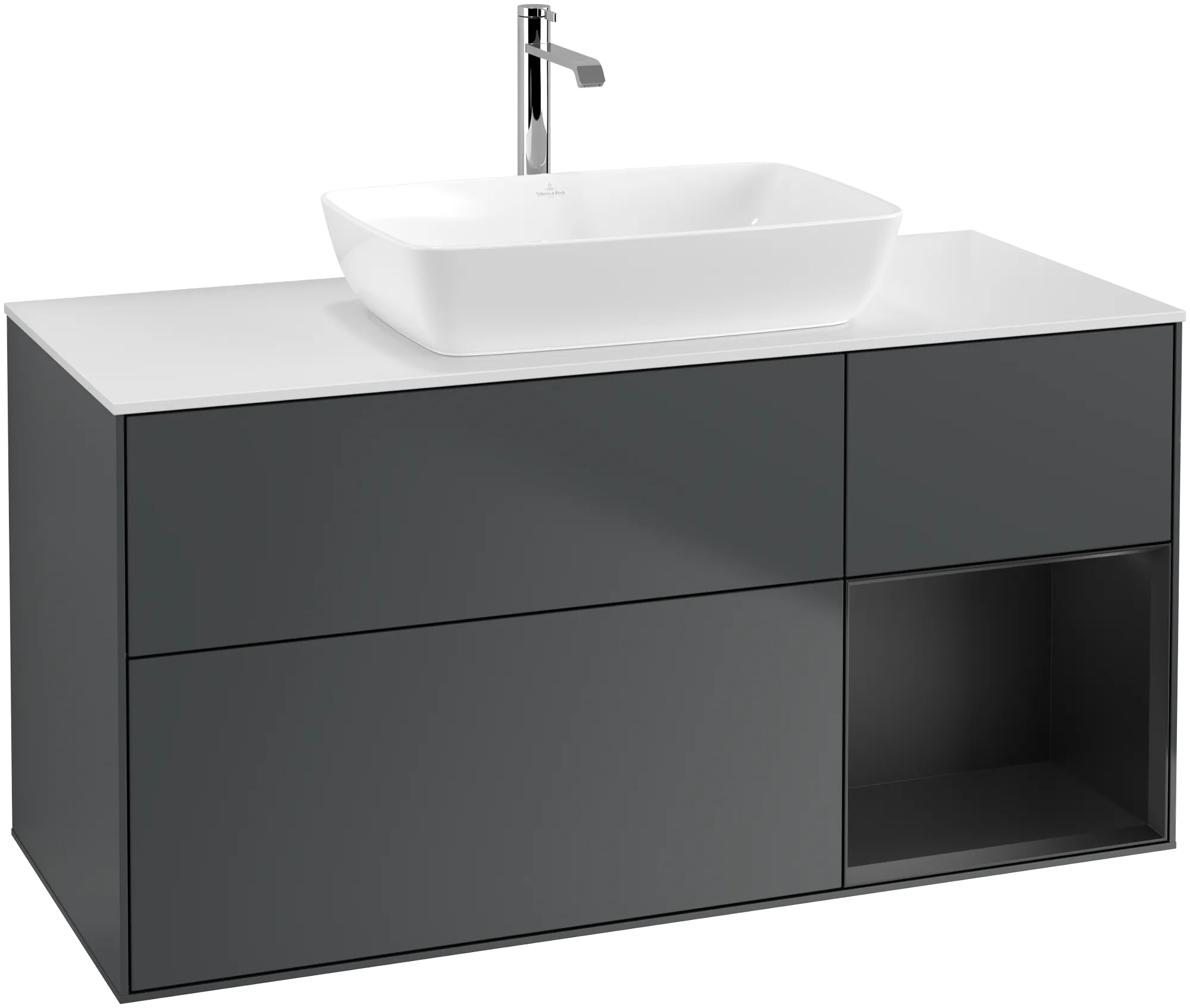 Obrázek VILLEROY BOCH Finion Vanity unit, with lighting, 3 pull-out compartments, 1200 x 603 x 501 mm, Midnight Blue Matt Lacquer / Black Matt Lacquer / Glass White Matt #G831PDHG