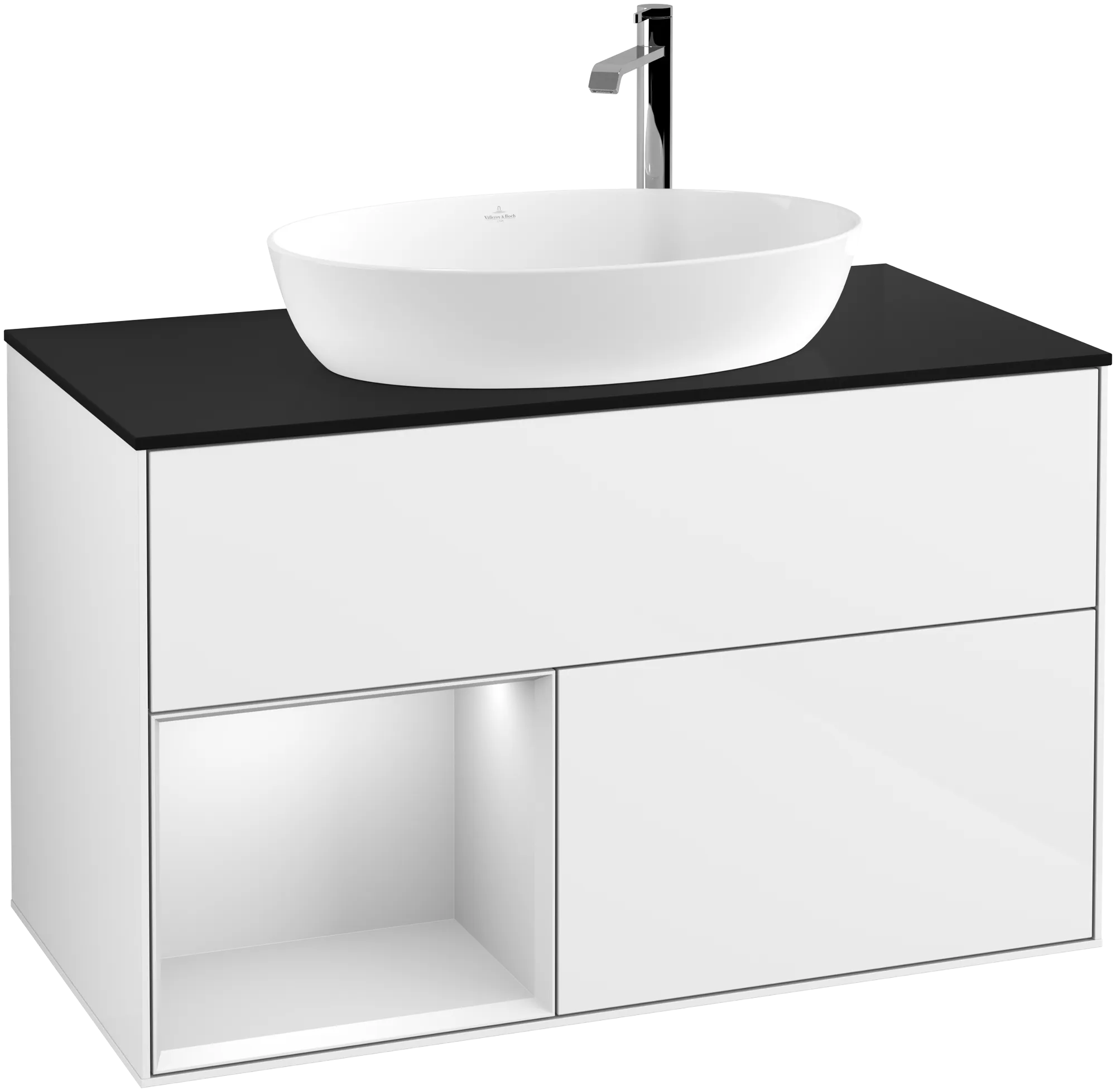 Bild von VILLEROY BOCH Finion Waschbeckenunterschrank, mit Beleuchtung, 2 Auszüge, 1000 x 603 x 501 mm, Glossy White Lacquer / White Matt Lacquer / Glass Black Matt #G892MTGF
