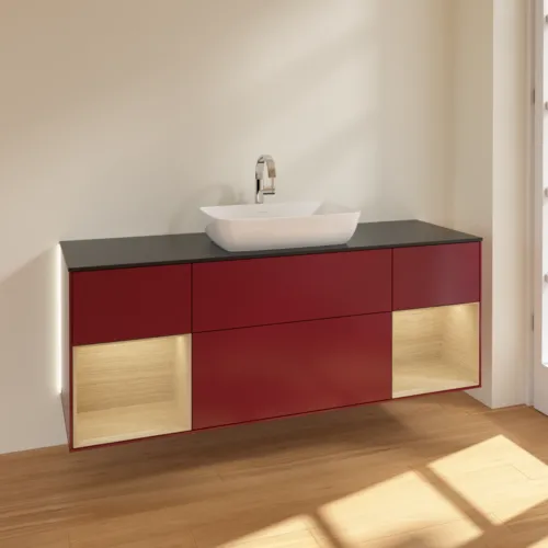 Bild von VILLEROY BOCH Finion Waschbeckenunterschrank, mit Beleuchtung, 4 Auszüge, 1600 x 603 x 501 mm, Peony Matt Lacquer / Oak Veneer / Glass Black Matt #G862PCHB