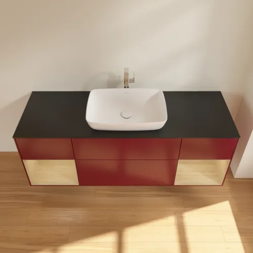 Bild von VILLEROY BOCH Finion Waschbeckenunterschrank, mit Beleuchtung, 4 Auszüge, 1600 x 603 x 501 mm, Peony Matt Lacquer / Oak Veneer / Glass Black Matt #G862PCHB