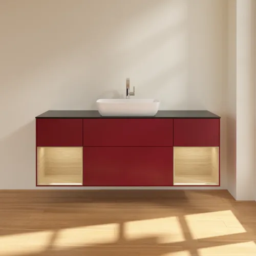 Bild von VILLEROY BOCH Finion Waschbeckenunterschrank, mit Beleuchtung, 4 Auszüge, 1600 x 603 x 501 mm, Peony Matt Lacquer / Oak Veneer / Glass Black Matt #G862PCHB