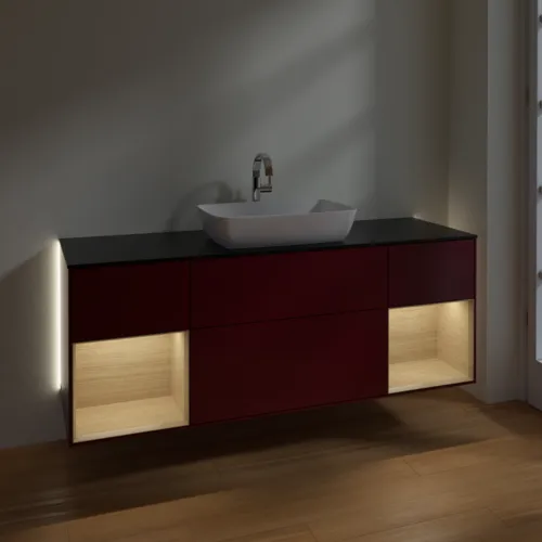 Bild von VILLEROY BOCH Finion Waschbeckenunterschrank, mit Beleuchtung, 4 Auszüge, 1600 x 603 x 501 mm, Peony Matt Lacquer / Oak Veneer / Glass Black Matt #G862PCHB