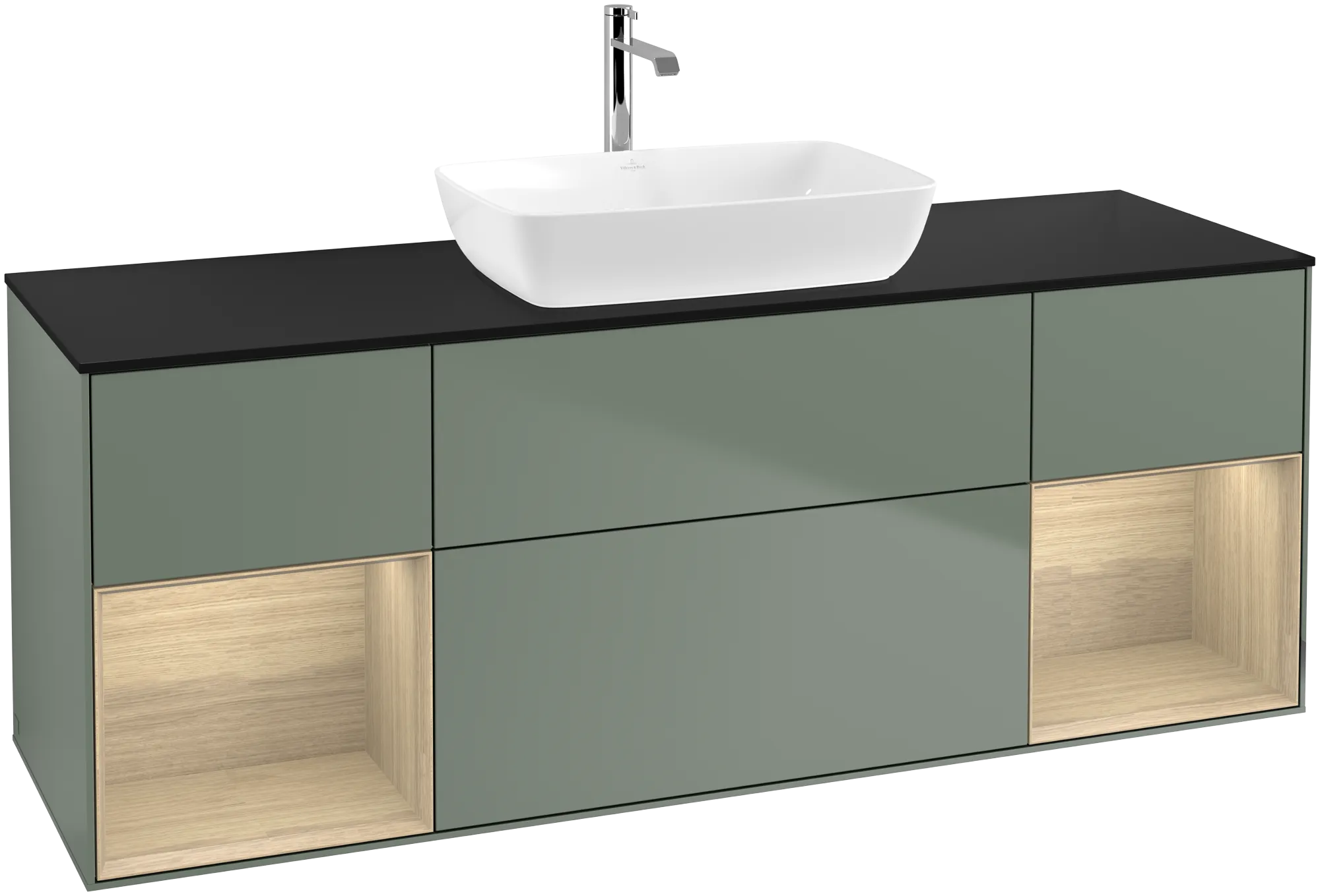 Bild von VILLEROY BOCH Finion Waschbeckenunterschrank, mit Beleuchtung, 4 Auszüge, 1600 x 603 x 501 mm, Olive Matt Lacquer / Oak Veneer / Glass Black Matt #G862PCGM