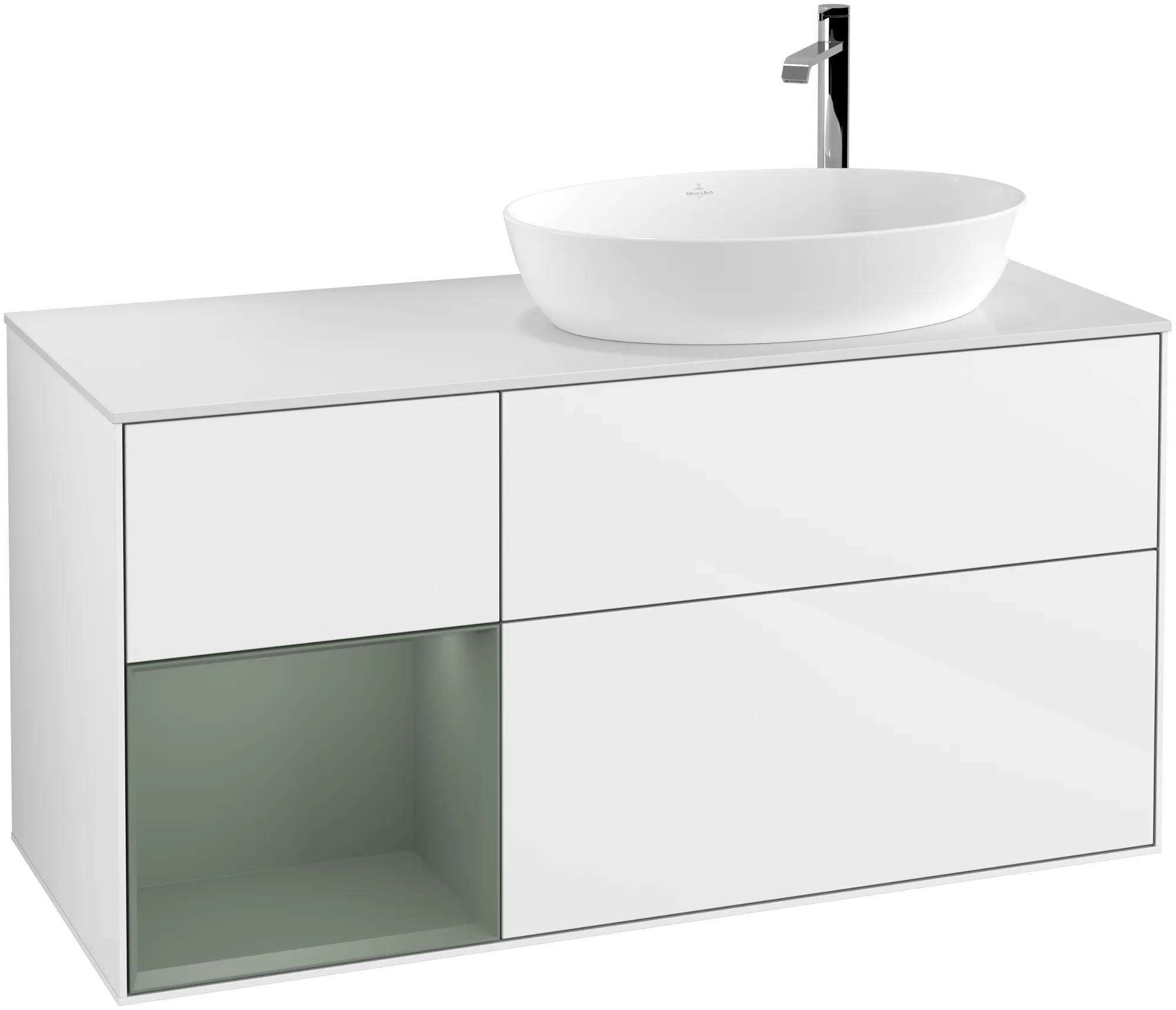 Bild von VILLEROY BOCH Finion Waschbeckenunterschrank, mit Beleuchtung, 3 Auszüge, 1200 x 603 x 501 mm, Glossy White Lacquer / Olive Matt Lacquer / Glass White Matt #G921GMGF