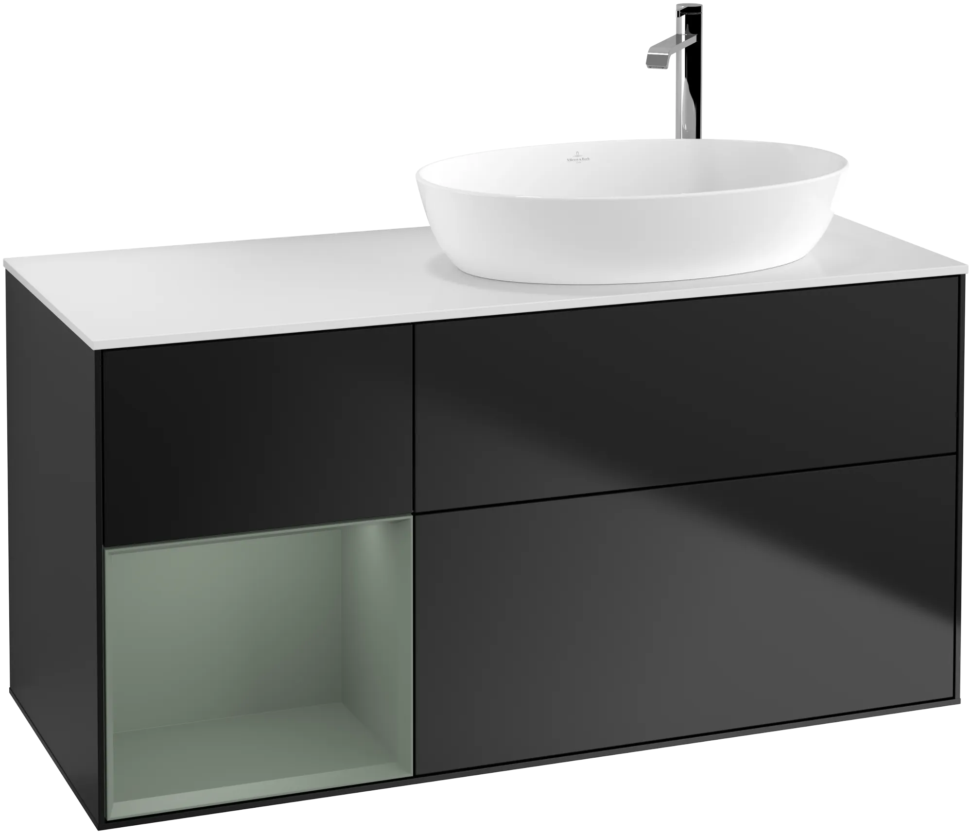 Bild von VILLEROY BOCH Finion Waschbeckenunterschrank, mit Beleuchtung, 3 Auszüge, 1200 x 603 x 501 mm, Black Matt Lacquer / Olive Matt Lacquer / Glass White Matt #G921GMPD