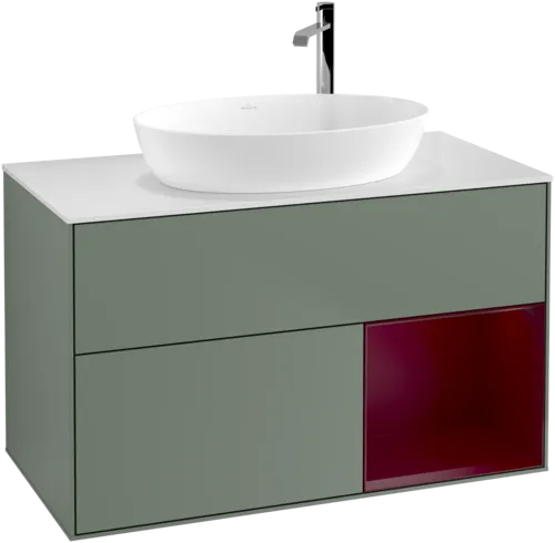 Bild von VILLEROY BOCH Finion Waschbeckenunterschrank, mit Beleuchtung, 2 Auszüge, 1000 x 603 x 501 mm, Olive Matt Lacquer / Peony Matt Lacquer / Glass White Matt #G901HBGM